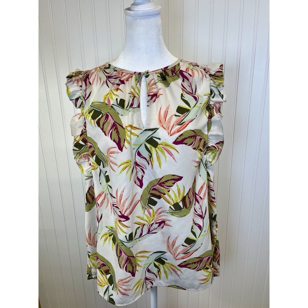 KAARI BLUE Women'S Keyhole Neck Ruffles Sleeveless TropicaL Print Tunic. Sz Lg